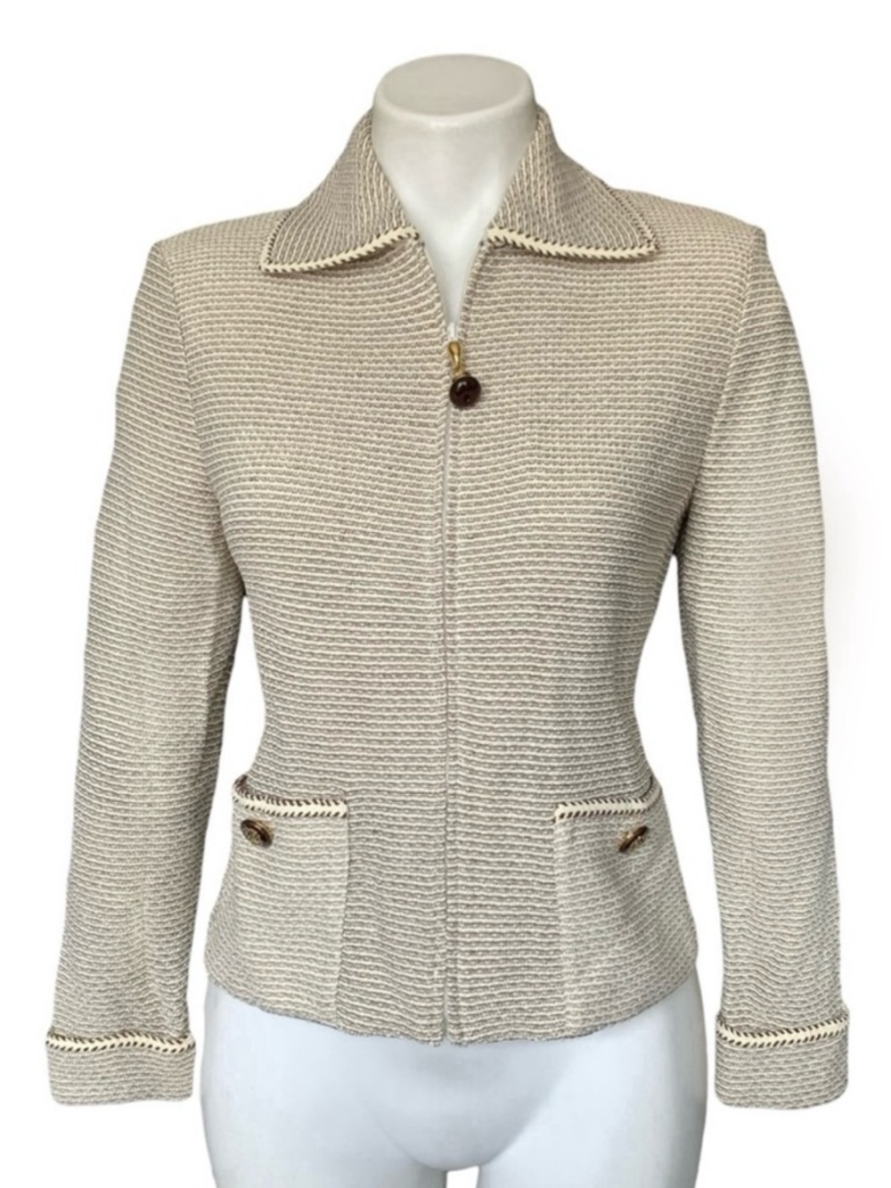 St. John Collection Textured Woven Gold Zip Up Knit Jacket